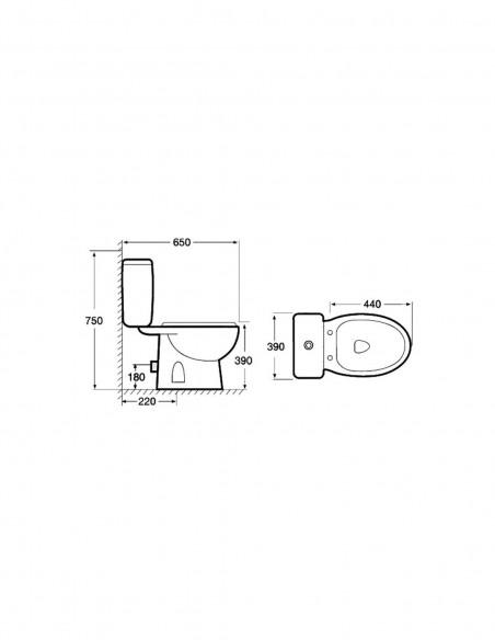 WC MANDULIS complet avec reservoir abattant ABS et sortie horizontale (au mur) schéma