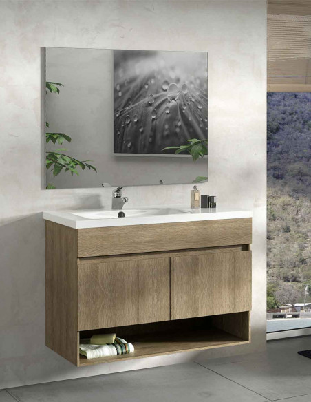 Kit Hera 90 cm armoire de toilette Hera avec lavabo déplacé et miroir lisse sable