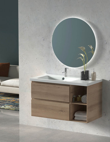 Meuble de salle de bains ZEUS avec Lavabo de 90 cm avec vasque décalée et miroir rond rétro-éclairé 9 couleurs. sable