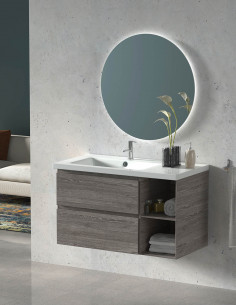 Meuble de salle de bains ZEUS avec Lavabo de 90 cm avec vasque décalée et miroir rond rétro-éclairé 9 couleurs. sable 2