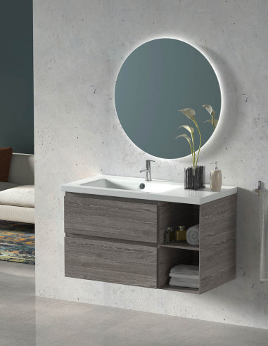 Meuble de salle de bains ZEUS avec Lavabo de 90 cm avec vasque décalée et miroir rond rétro-éclairé 9 couleurs. Smoky