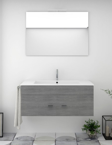 Meuble de salle de bain suspendu BRAGI avec plan vasque et miroir Chêne Smoky
