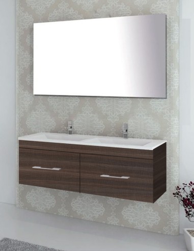 Meuble de salle de bain suspendu BRAGI avec plan vasque et miroir Frêne tea