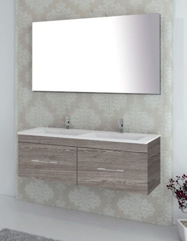 Meuble de salle de bain suspendu BRAGI avec plan vasque et miroir Chêne Smoky