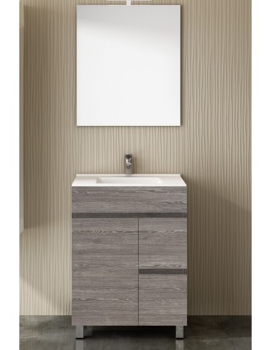 Meuble de salle de bain VIDAR avec plan vasque et miroir 60cm chêne smoky