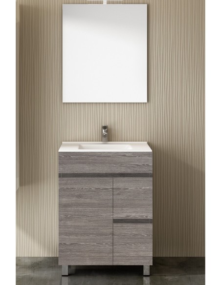 Meuble de salle de bain VIDAR avec plan vasque et miroir 60cm chêne smoky