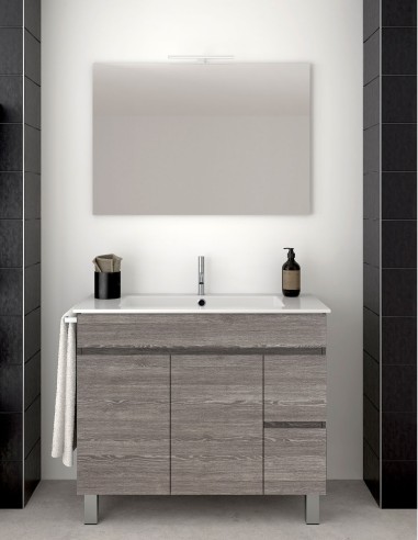 Meuble de salle de bain VIDAR avec plan vasque et miroir chêne smoky