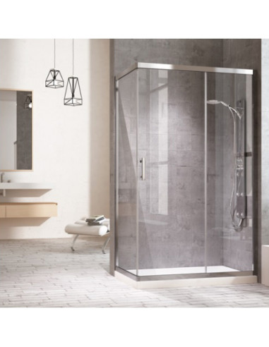 Cabine de douche avec côte fixe 1 porte coulissante et 1 panneau fixe transparent