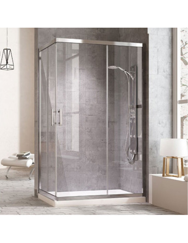Cabine de douche rectangulaire avec 2 panneaux fixes et 2 portes coulissantes transparent