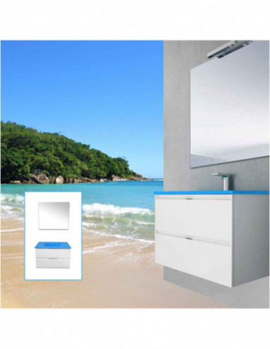 Meuble de salle de bain suspendu LOKI avec miroir et lavabo Bleu Méditerranée 80 cm Blanc