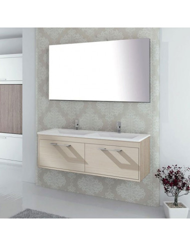 Meuble de salle de bain suspendu BRAGI avec plan vasque double et miroir Crème