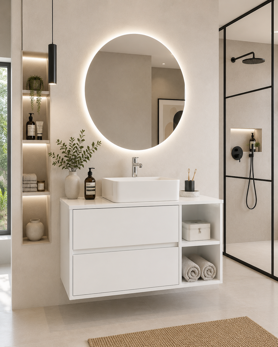 Meuble de salle de bain ZEUS avec plan de toilette en bois et vasque à poser