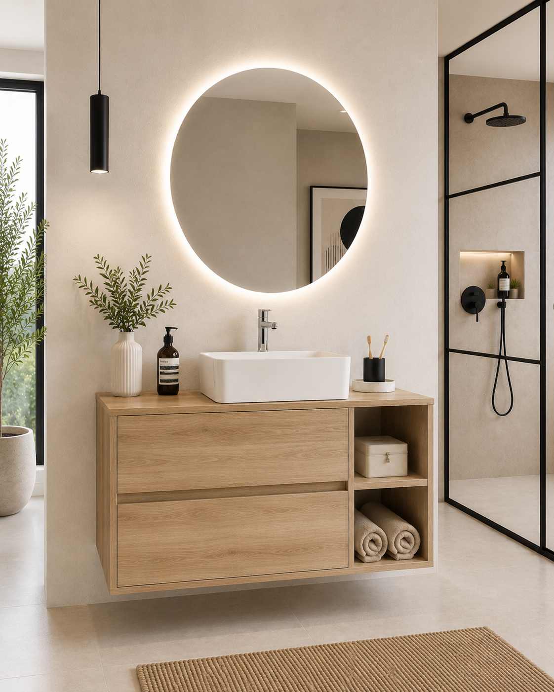 Meuble de salle de bain ZEUS avec plan de toilette en bois et vasque à poser