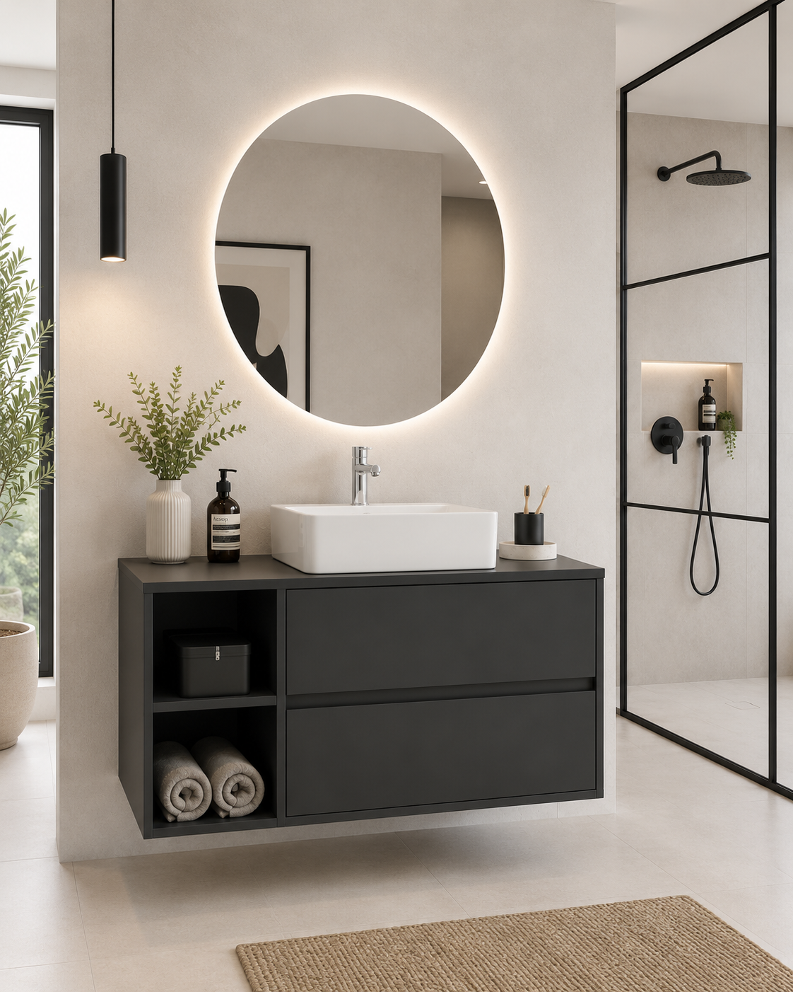 Meuble de salle de bain ZEUS avec plan de toilette en bois et vasque à poser