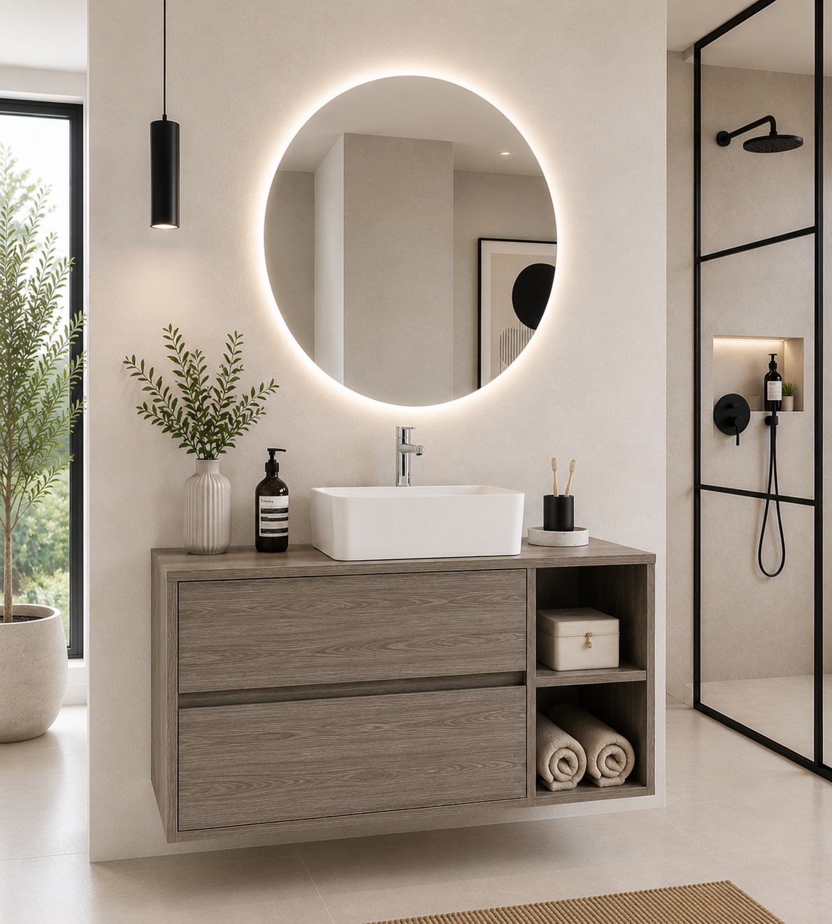 Meuble de salle de bain ZEUS avec plan de toilette en bois et vasque à poser