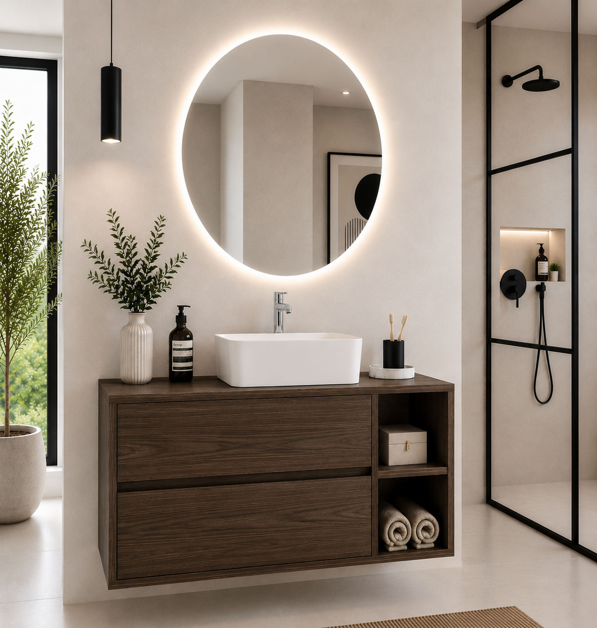 Meuble de salle de bain ZEUS avec plan de toilette en bois et vasque à poser