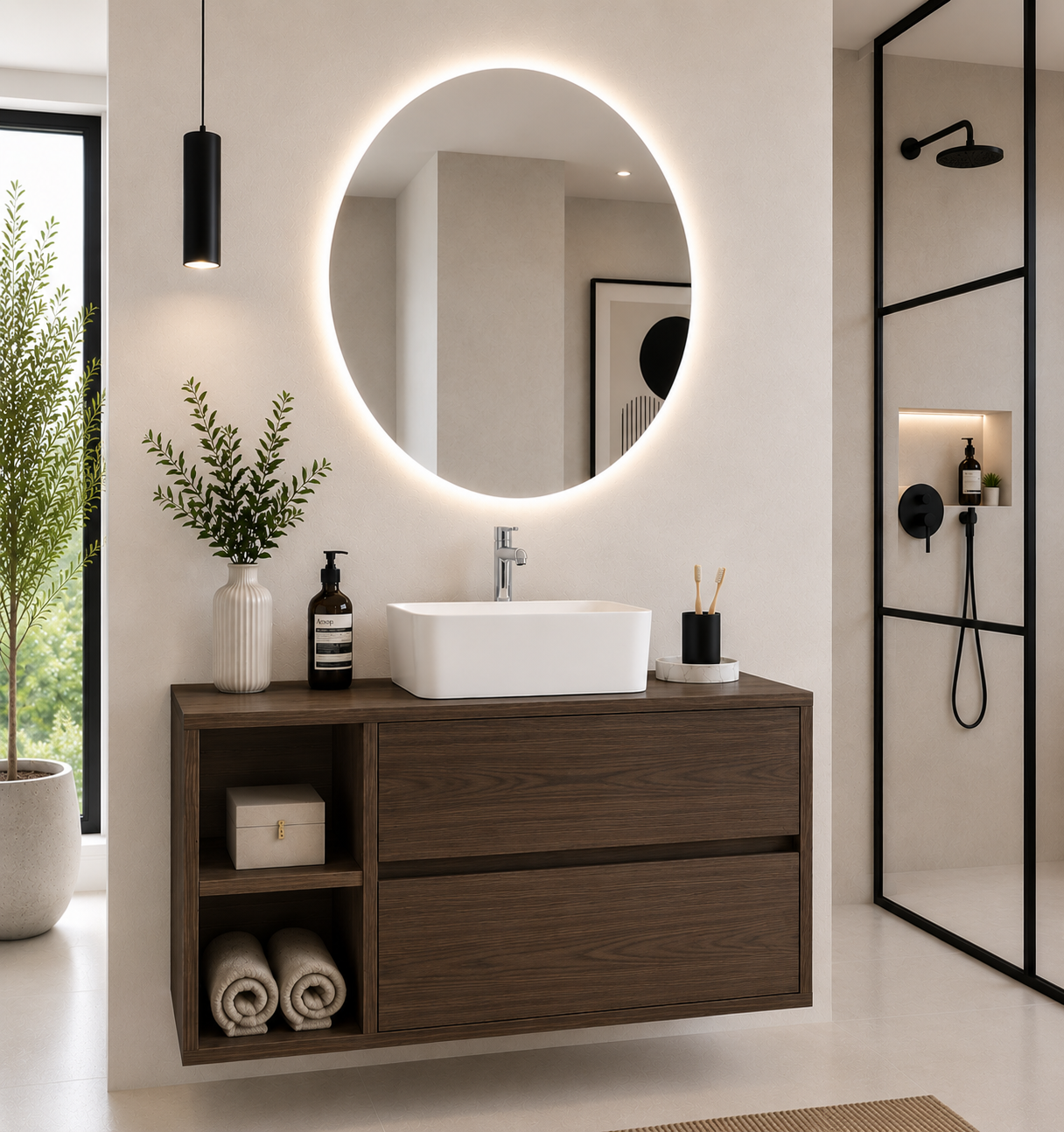 Meuble de salle de bain ZEUS avec plan de toilette en bois et vasque à poser