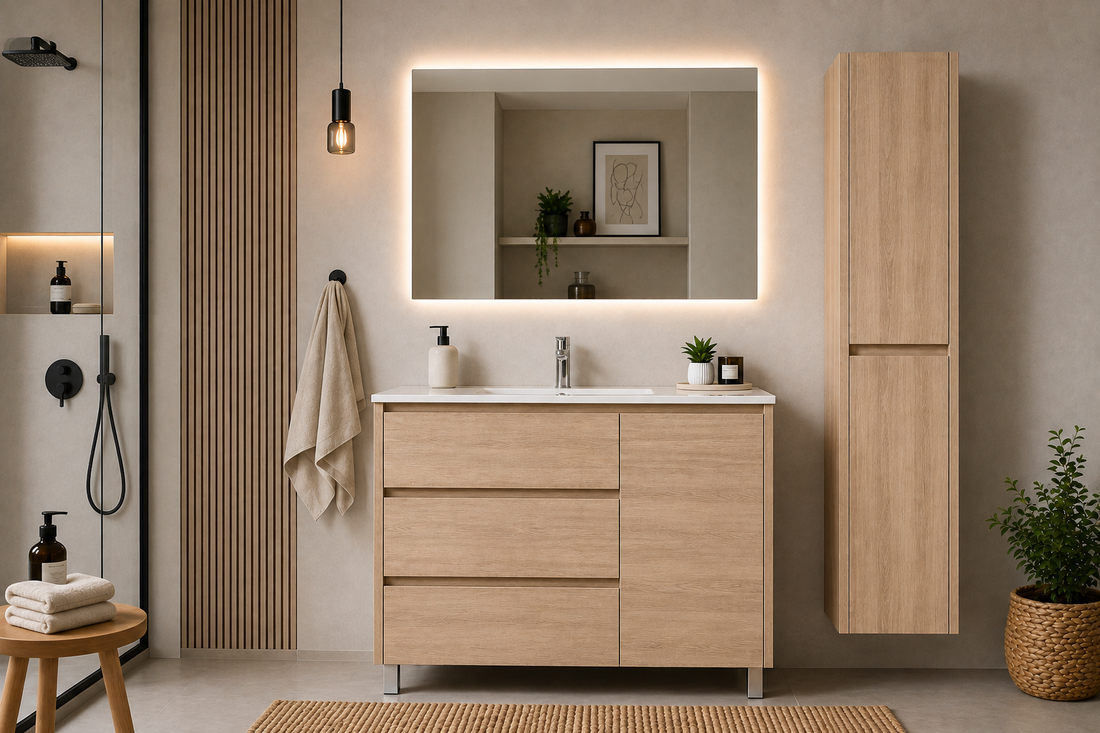 Ensemble de meubles de salle de bain VOLUM avec lavabo + miroir LED + colonne 140 cm + mitigeur – Estepa – 80/100/120 cm
