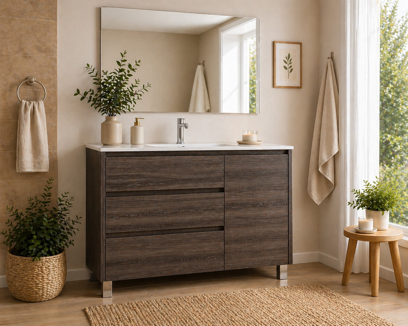 Meuble de salle de bain avec VOLUM comprenant 3 tiroirs, une porte et un lavabo