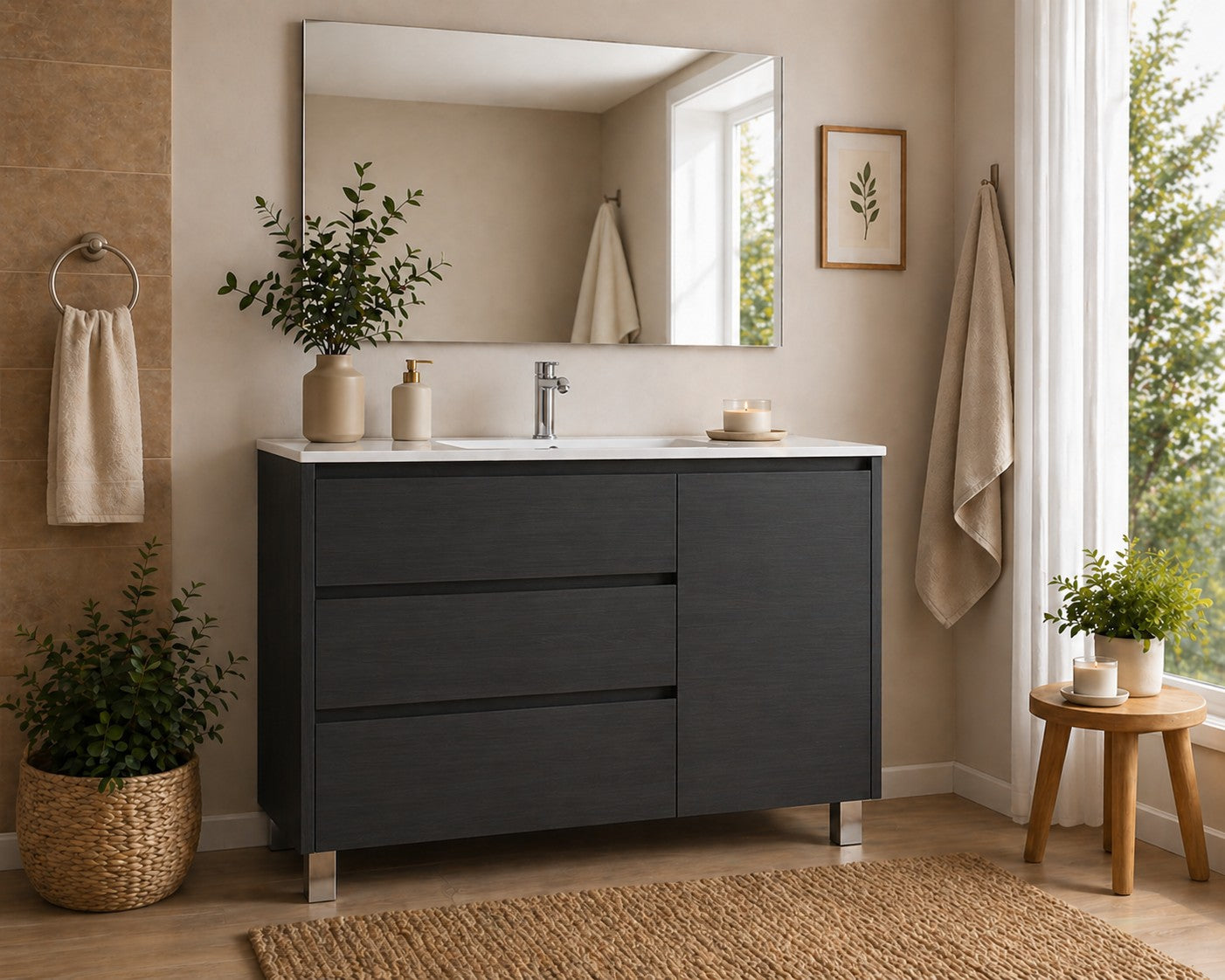 Meuble de salle de bain avec VOLUM comprenant 3 tiroirs, une porte et un lavabo