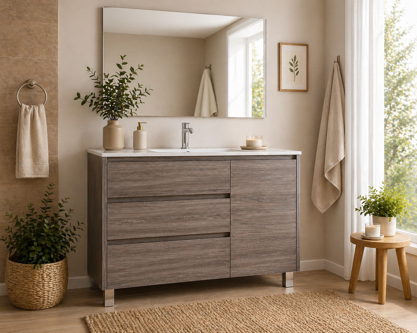 Meuble de salle de bain avec VOLUM comprenant 3 tiroirs, une porte et un lavabo