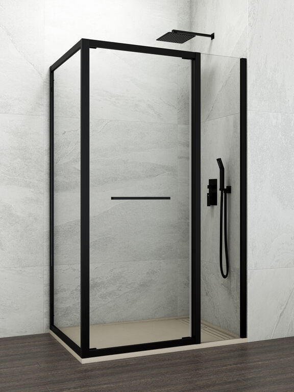Paroi de douche d'angle porte battante + partie fixe + panneau latéral fixe SPAZIO